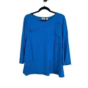 Chicos Top Women XL Blue Textured Tiered Striped Pullover Easywear 80s Neutral